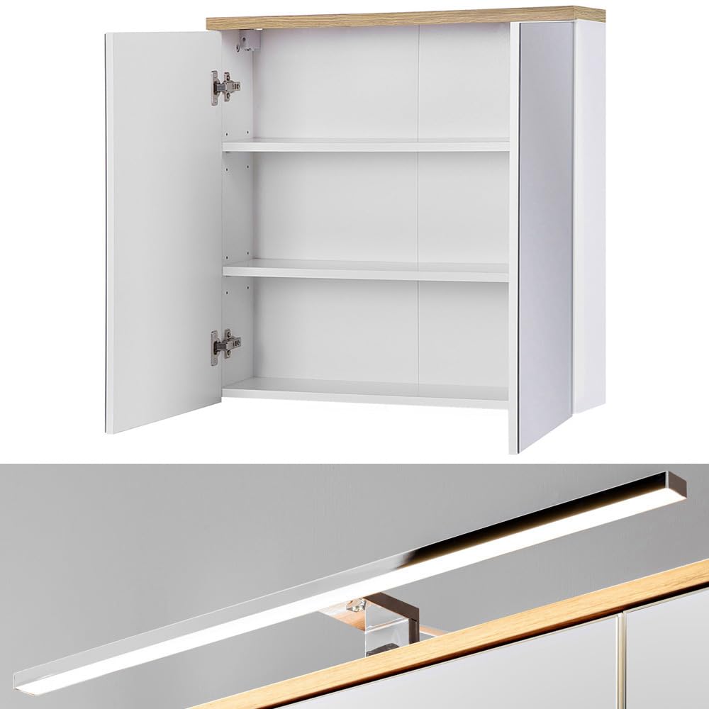 Lomadox Badezimmermöbel Set Hochglanz weiß mit Wotan Eiche Nb., 61 cm Waschtischunterschrank mit Keramik-Waschtisch, LED-Spiegelschrank & 3 Hängeschränke
