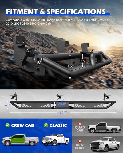 Image of Running Boards Compatible with 2009-2018 Dodge Ram 1500 Crew Cab, 2019-2024 1500 Classic, 2010-2024 2500 3500, Two Stairs Bolt-On Side Steps Steel with Triple-Shield Anti-Corrosion Technology