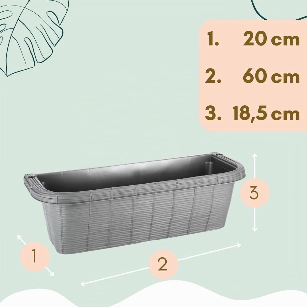 GarPet 4er Set Blumenkasten Balkongeländer Balkon Blumenkasten Balkonkasten mit Halterung Geländerkasten mit Wasserspeicher Rattan Optik Anthrazit 60 cm