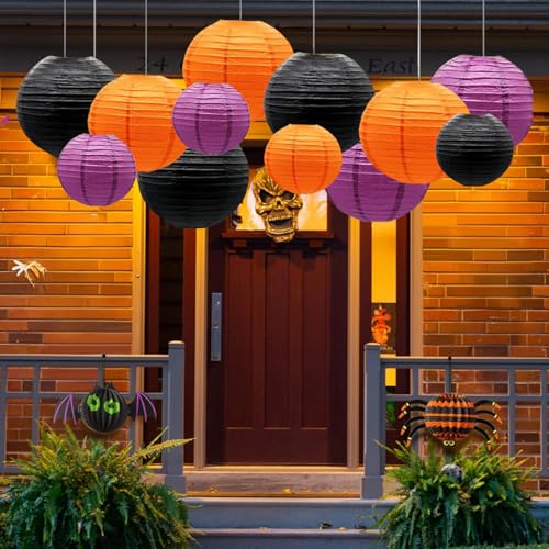 Image of Orange Purple Black Paper Lanterns Decorative 12pcs Halloween Hanging Decorations for Graduation Thanksgiving Birthday Party Decorations