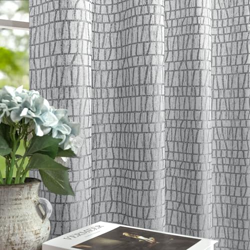 Grey Pattern Curtains 90 Inch Length for Living Room Light Filtering Sheer Semi Boho Geometric Grommet Drapes Silky Textured Neutral Modern Chic Aesthetic Curtains for Bedroom Accent Wall Panels Gray