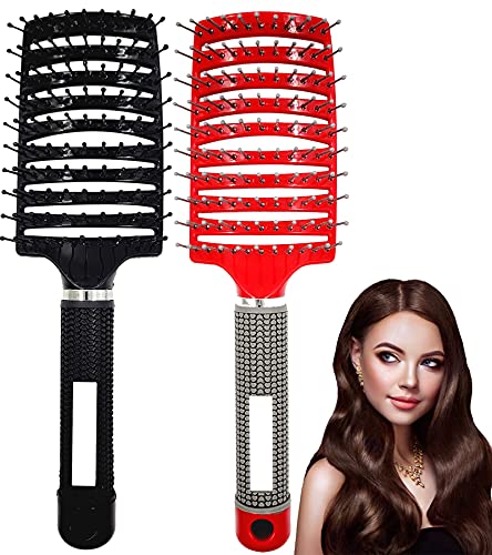 2 Pack Detangling Brush,Curved Vented Hairdressing Comb,Professional hair brush for Thick Hair, Curly Hair Products for Black Natural Hair Afro Hair, Women Hair Brush Detangler(Black+Red)