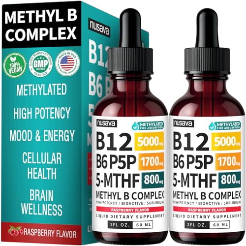 (2-Pack) Methylated B Complex Liquid Drops - Vitamin B Complex with Active L Methylfolate - B12 Sublingual Drops - Vegan B12 Vitamin 5000mcg Non-GMO Raspberry Flavor No Sugar 2 Fl oz 80 Servings