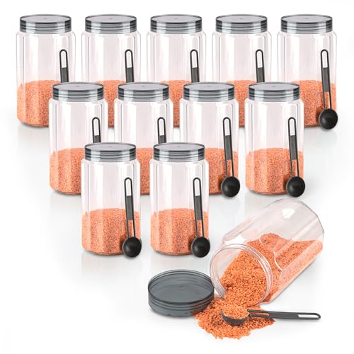 Image of Kuber Industries 12 Pcs Plastic 1100 ML Containers for Kitchen Storage | Multi-Purpose Airtight Kitchen Pet Jars and Containers Set for Spices, Pulses & Grains | Opal - Grey