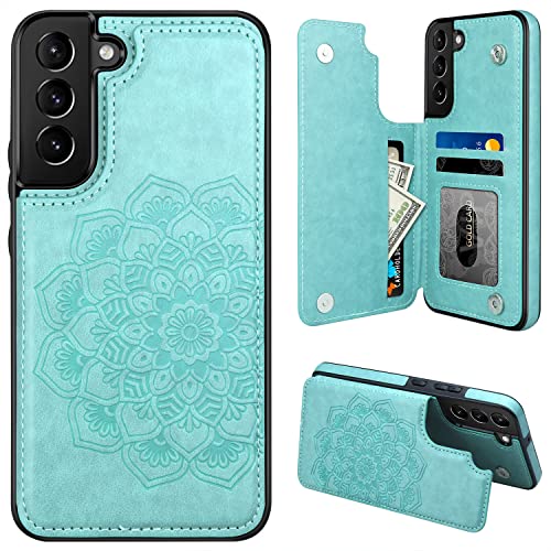 MMHUO for Samsung Galaxy S22 Case with Card Holder,Flower Magnetic Buttons Protective Wallet Cover for Women for Samsung Galaxy S22 5G (2022),Mint