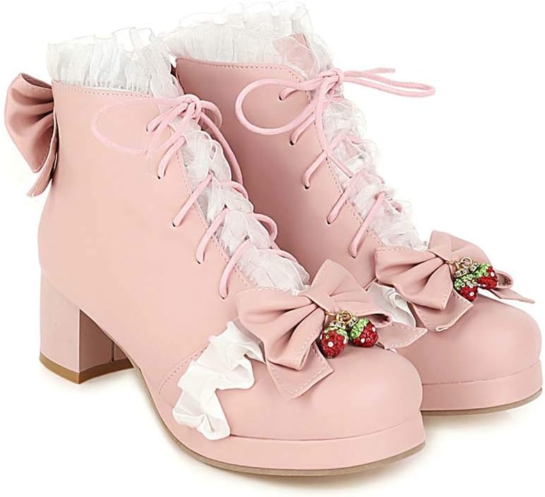 Elyffany Fashion Bow Ankle Boots - Lace-Up Chunky Heel Lolita Style Boots For Women