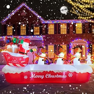 COOLWUFAN 10 FT Christmas Inflatables Outdoor Decorations Santa Claus on Sleigh, Blow Up Cute Elks Pulling Santa's Inflatable Yard Decoration with Lights for Christmas Party, Outdoor, Garden Lawn