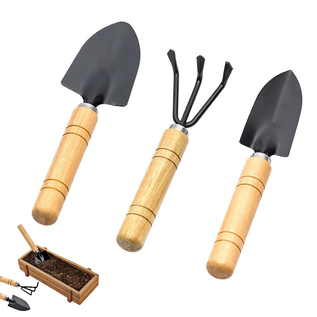 3 Piezas Mini Set de Herramientas de Jardinería, Kit de Herramientas con Mango de Madera, Mini Pala, Rastrillo y Azada para Bonsáis, Plantas, Macetas y Suelo Suelto