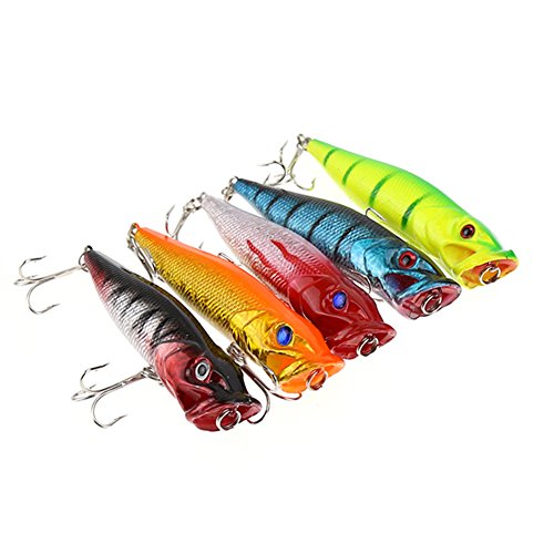 GS Lot de 5 leurres de pêche en eau 9,5 cm 12 g Popper Appâts durs à grande bouche Leurre artificiel Crochet de pêche Pêche Carnassier