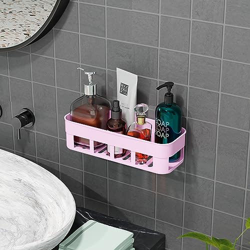 Image of Wall Mounted Self Adhesive Plastic Bathroom Shelf /Self Bathroom Shelf /Bathroom Organizer /Bathroom Accessories (White, Pink, Blue, Pack of 3)