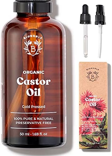 Bionoble Organic Castor Oil 100ml - 100% Pure, Natural, Cold Pressed - Lashes, Eyebrows, Body, Hair, Beard, Nails - Vegan, Cruelty Free - Glass Bottle + Pipette + Pump