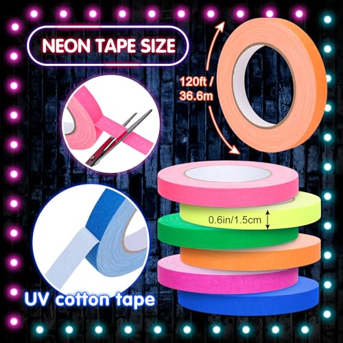 Image of Whaline 6 Colors Neon Gaffer Cloth Tape Fluorescent Rainbow Color UV Blacklight Tapes Neon Duct Reflective Tapes for Party Supplies (0.6 Inch x 120 Ft)