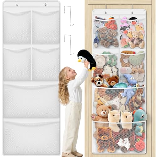 SpaceHacks Stuffed Animal Storage - Large Over the Door Organizer with 6 Expandable Mesh Pockets & Metal Hooks Non-Woven Fabric Hanging Plush Items Holder for Nursery Bedroom Playroom (White)
