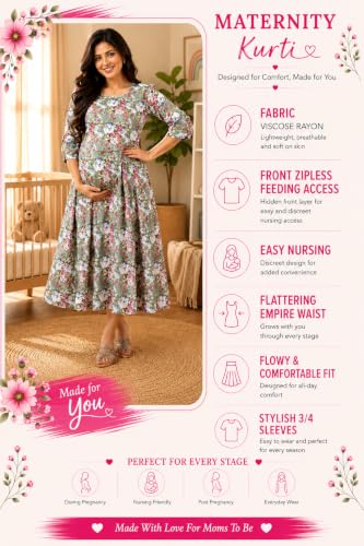 Image of RITIJYA Zipless Feeding Kurta Dress for Women | Maternity Nursing Kurti, No-Zip Easy Access | Extra Pleats Pre to Post Pregnancy | Quick-Dry Fabric | S-4XL
