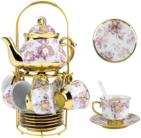Conjunto de chá de porcelana com suporte de metal, conjunto de ch...