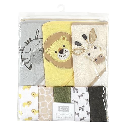 Image of Hudson Baby Unisex Baby Animal Hooded Towel 3pk and 15 Washcloths, Safari, One Size