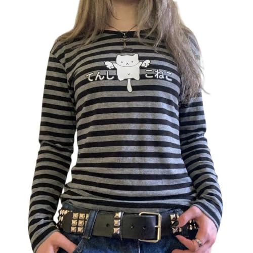 Cute Kawaii Japanese Anime Cat Shirt for Teen Girls Striped Long Sleeve Graphic Tee Loose Fit Alt Emo Goth Clothes (Black,Medium)
