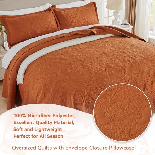 Image of ENJOHOS Burnt Orange 138x122 Extra Wide Oversized King Quilts - California King Bedspread, Reversible Summer Soft Microfiber Bed Coverlet Super King Bedding (1 Cal King Quilt, 2 Pillow Shams)