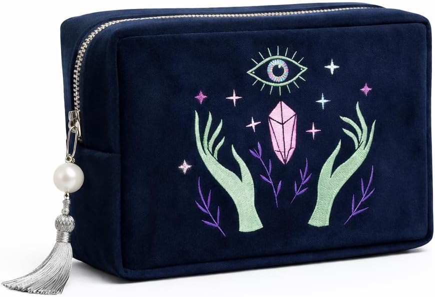 La Muci Velvet Zipper Pouch for Tarot Decks, Oracle Cards and Crystals, Embroidered Mystical Makeup Bag, Soft Velvet Cosmetic Pouch, Travel Organizer Storage Bag with Zipper and Tassel