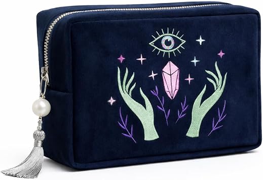 La Muci Velvet Zipper Pouch for Tarot Decks, Oracle Cards and Crystals, Embroidered Mystical Makeup Bag, Soft Velvet Cosmetic Pouch, Travel Organizer Storage Bag with Zipper and Tassel