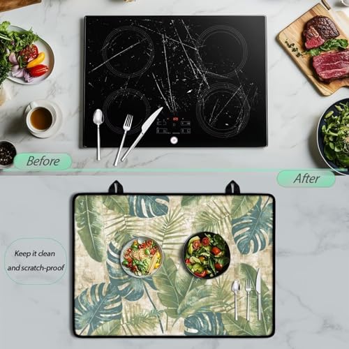 Image of Tropical Leaf Print Electric Stove Insulation Pad Heat & Stain Resistant Dish Drying Mat for Kitchen 30x21 Inch Cooktop Stove Guard Protector with Anti-Slip Grip Extra Large Mat