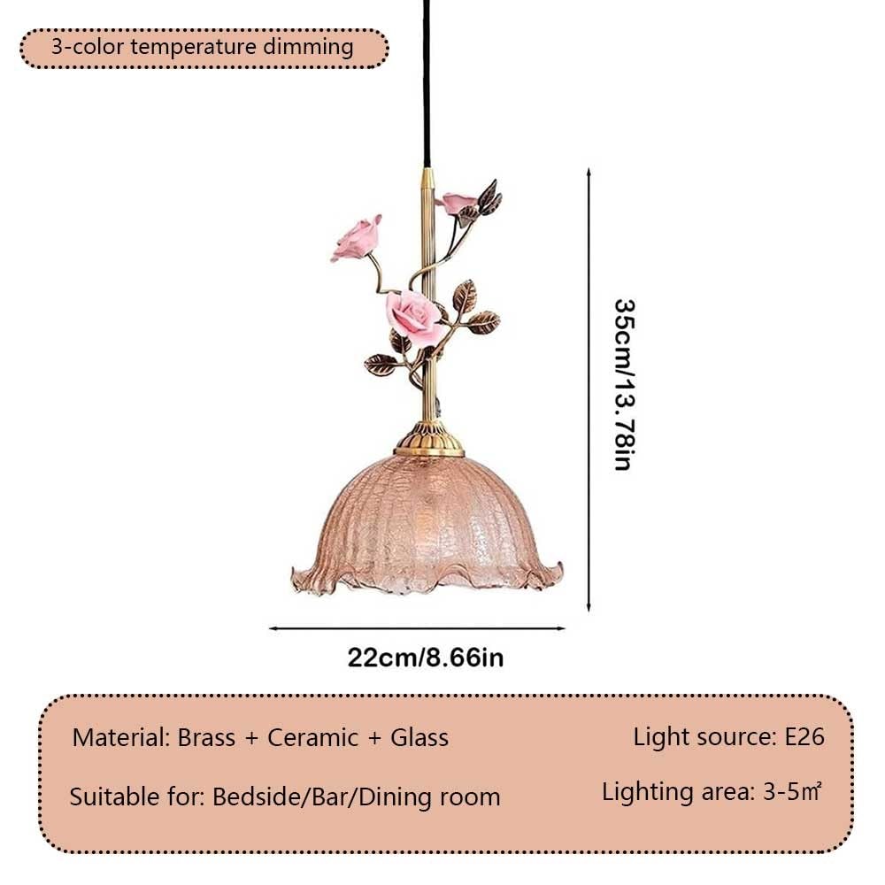 Lampada a Sospensifloreale Vintage con Rose in Ceramica Rosa, Paralume in Vetro Craquelé, Ottone, Stile Country Francese Shabby Chic,Da da Soffitto con Attacco E26 per Comodino, Sala da Pranzo, Bar