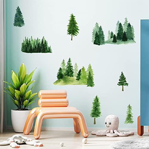 Watercolor Pine Tree Wall Decals Green Pine Tree Wall Sticker Large Tree Wall Decals Nature Woodland Forest Tree Wall Stickers For Nursery Bedroom Living Room Decor #TOP1