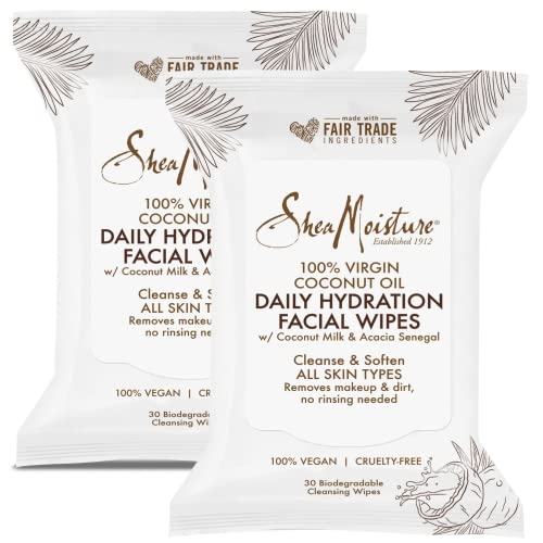 Shea Moisture 100 Percent Virgin Coconut Oil Daily Hydration Face Wipes, Coconut Milk Makeup Remover Wipes, Acacia Senegal Facial Wipes, Unisex Face Cleansing Wipes, 30 Count (Pack of 2)