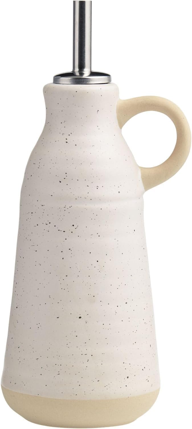 Olive Oil Dispenser Bottle -Tipton Ivory Speckled Ceramic Oil Bottle - Oil Bottles for Kitchen w/Stainless Steel Pouring Spout & Airtight Stopper - Large Olive Oil Bottle Dispenser for Cooking (8 oz)