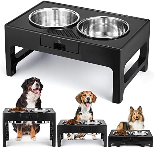 Lapensa Elevated Dog Bowls, Stainless Steel Raised Dog Bowl with Adjustable Stand, Double Dog Food and Water Bowl for Medium Large Dogs, 3 Heights 3.9”, 7.8”, 11.8”,(Black)