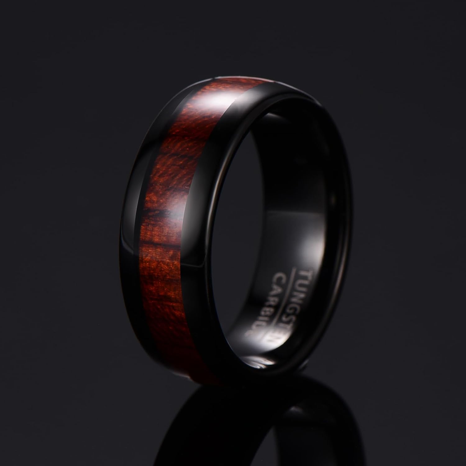 Men's Tungsten Wedding Band, 8mm Wide with Central Woodgrain Inlay and Polished Edges - Image 3