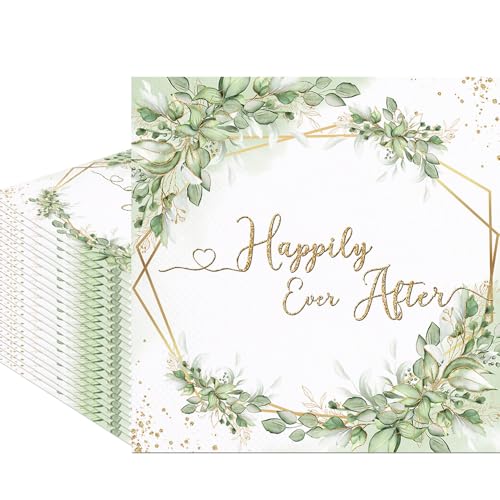 Fitumiw 80Pcs Happily Ever After Bridal Shower Paper Napkins Sage Green Wedding Shower Disposable Napkin Greenery Leaves Printed Decorative Napkins Party Supplies Table Decor