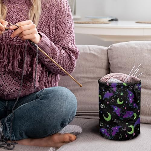 Image of Sellikakes Halloween Bats Moon Yarn Bag Crochet Storage Organizer with Drawstring, Crocheting Storage Bag Organizer Yarn Holder for Crocheting Project Store Skein Ball, Short Knitting Needle