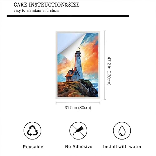 Miniatura 51 de Lámina abstracta retro de acuarela para ventana de vidrio con diseño de faro, diseño náutico, para privacidad en el océano, no adhesiva, para baño