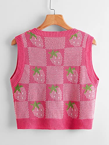 Wdirara Women's V Neck Gingham Strawberry Pattern Sweater Vest Multicolored M #TOP1