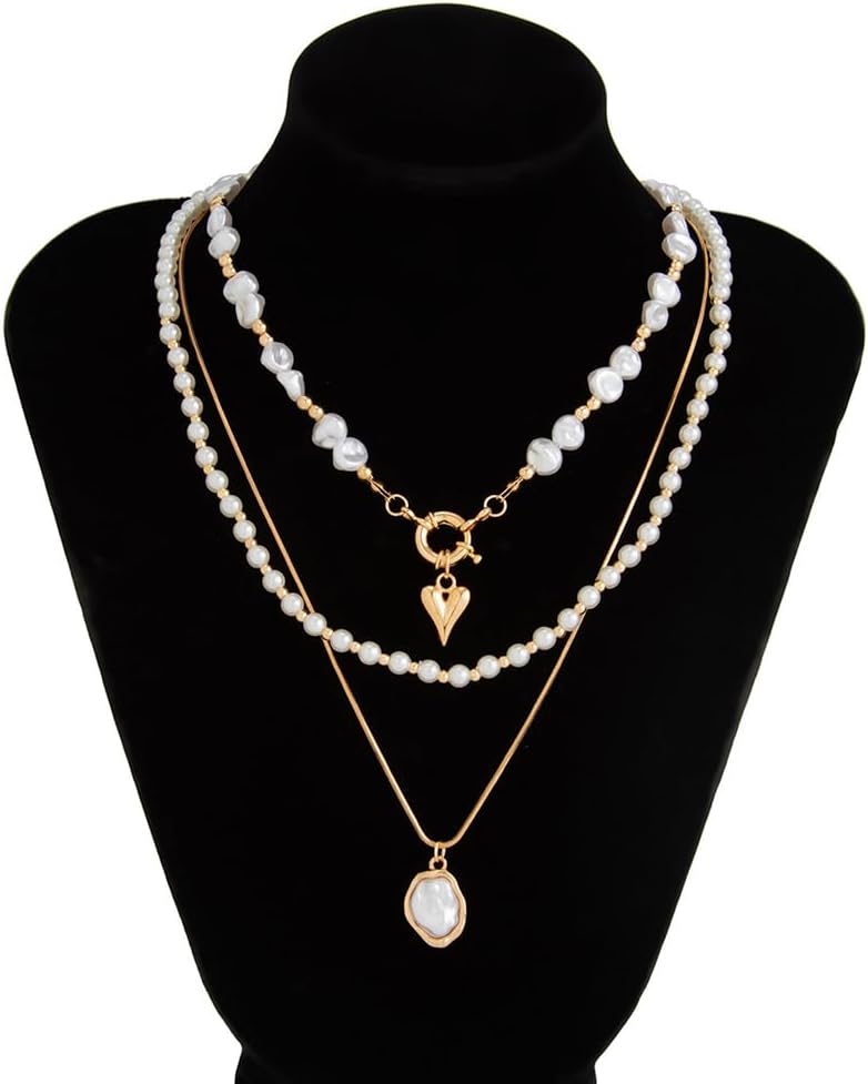 Layered Gold Pearls Beaded Heart Choker Necklaces for Women,Vintage Stackable Baroque Pearl Love Pendant Necklace,Charm Party Jewelry Accessories Gift - Image 8