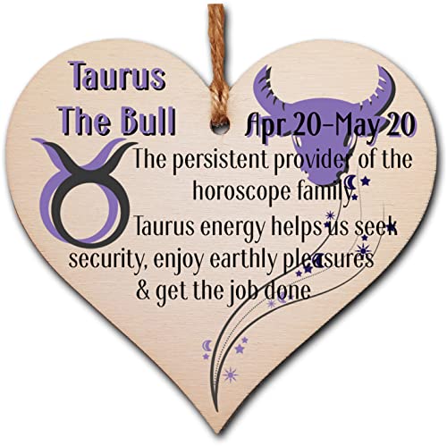 Handmade Wooden Hanging Heart Plaque Gift Signs of the Zodiac Taurus Astrological Star Sign Keepsake Card Alternative