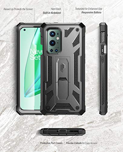 Poetic Spartan Case For Oneplus 9 Pro 5G, Built-In Screen Protector Work With Fingerprint Id, Full Body Rugged Shockproof Protective Cover Case With Kickstand, Metallic Gun Metal #TOP6
