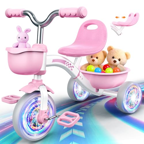 Kkdi Toddler Tricycle for 1-3 3-5 Year Olds, 2 3 4 5 Year Old Girl Birthday Gifts, Pink Toddler Baby Bike, Outdoor Riding Toys for Ages 2-4, 4-Level Adjustable Seat, 3 Color Light Wheels, 2 Baskets