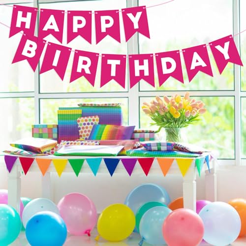 Image of Hot Pink Happy Birthday Banner Sign for Backdrop Hot Pink Birthday Decorations for Girls Women 13th 15th 21th 30th Party Banner Garland Wall Door Bunting Flag