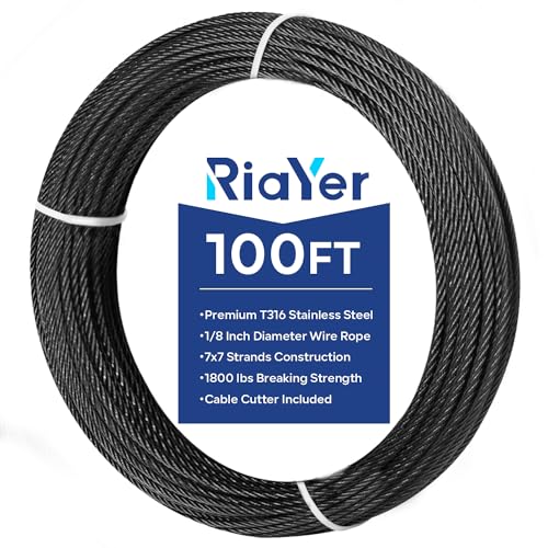 Riayer 100FT 1/8" Black T316 Stainless Steel Wire Rope, 7x7 Construction- for Deck Cable Railing, Stair, Outdoor Hanging & Garden Fence,1800LBS Breaking Strength
