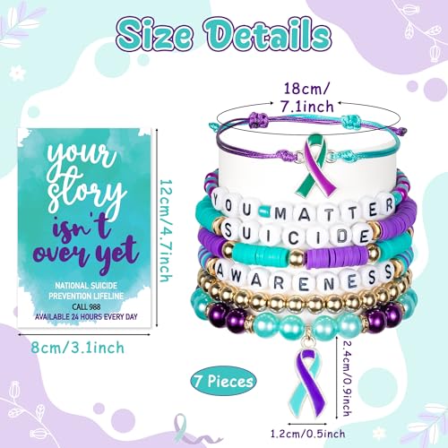 Y1tvei Suicide Awareness Bracelets Set- 7Pcs Suicide Prevention Awareness Colorful Clay Bead Surfer Bracelet with Ribbon Motivational Jewelry Accessories Gift for Suicide Mental Health Care Supplies3