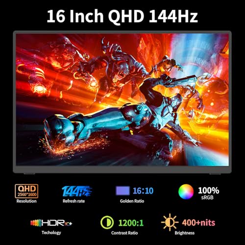 Image of Portable Monitor Gaming 2.5K 120Hz, 16 inch 2560x1600 QHD 16:10 400 Nits HDR FreeSync Portable Monitor w /Speaker Sleeve Case, External Screen for PC Laptop Game Console