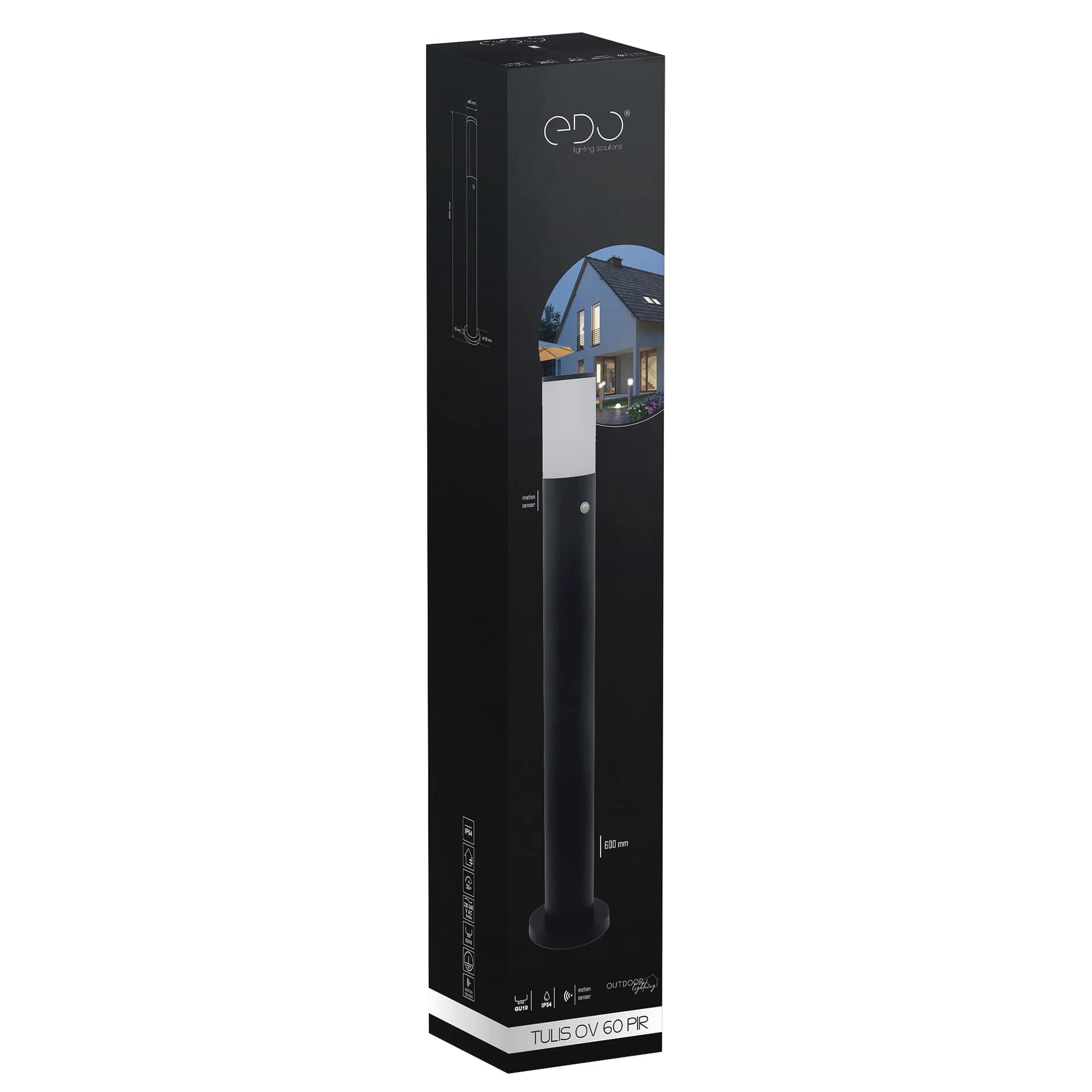 EDO Ogrodowa lampa słupek okrągły z czujnikiem ruchu, latarnia, lampa ogrodowa TULIS OV 60 SENSOR, IP54 GU10 15W 220-240V oświetlenie ogrodowe, dekoracyjne, lampa zewnętrzna EDO777472 Garden Line czarny