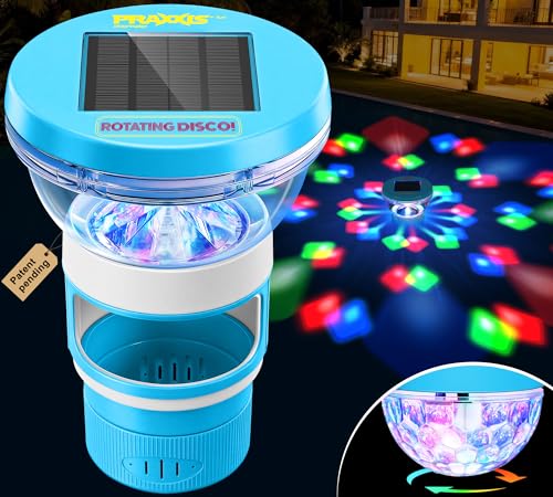PRAXXIS Solar Chlorine Floater with Rotating Disco Light, Pool Chlorine Floater Adjustable Flow, Floating Chlorine Dispenser for Pool, Collapsible Chlorine Floater, Chlorine Floater for Hot Tub (Blue)
