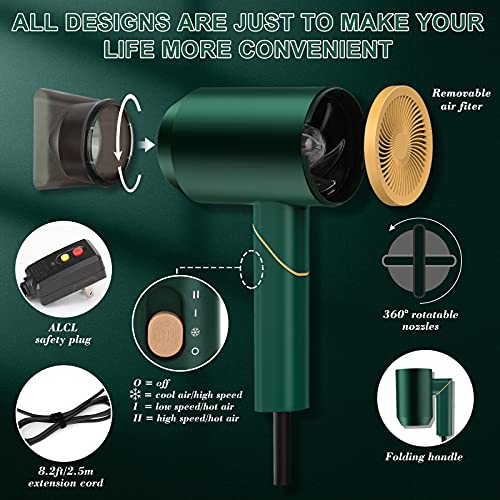 Pahetawa Diffuser Blow Dryer, 1800W Powerful Travel Hair Dryer For Hotel, Ionic Portable Compact Hair Dryer, No Heat Damage, Lightweight, Low Noise For Curly Hair, Women, Men (Green) #TOP7