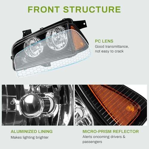 AUTOSAVER88 Headlight Assembly Compatible with 2006-2010 Dodge Charger Black Housing Amber Reflector with Corner Signal Lights by AUTOSAVER88 - Image 4