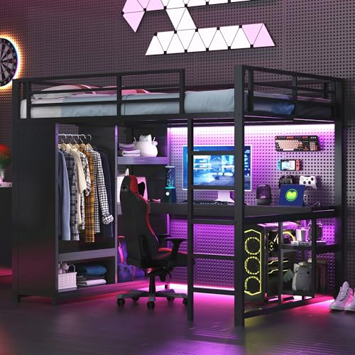 Trdlpyn Letto a Soppalco LED in metallo 140x200 con Scrivania, Armadio Aperto e Vani Portaoggetti, Struttura in Ferro, Lettino da gioco per Adolescenti e Adulti (Senza Materasso)