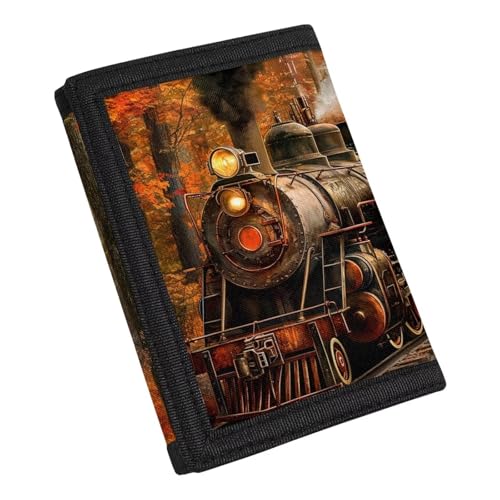 COEQINE Boys Wallet for 9-12 Years Old, Personailzed Card Holder Money Bag Portable for Kids Women Men Add Name On Retro Train Pattern2