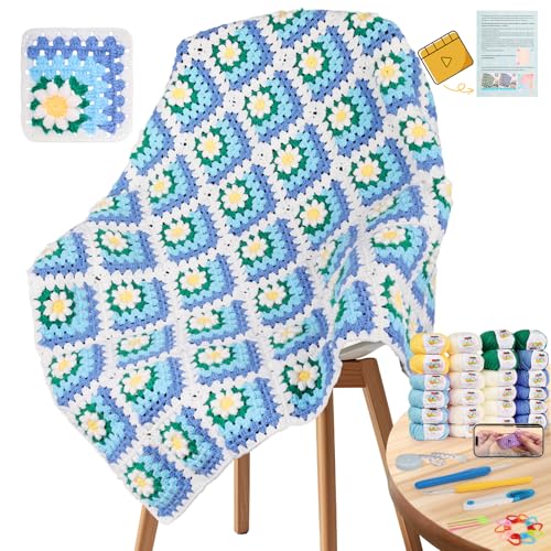 Image of Coopay Crochet Kit for Beginners, Easy 3D Granny Square Blanket Kit, Blue | Crochet Kit W /Video Tutorial & Digital Instructions, All Accessories Included, Easy Knitting to Create Granny Square Blanket